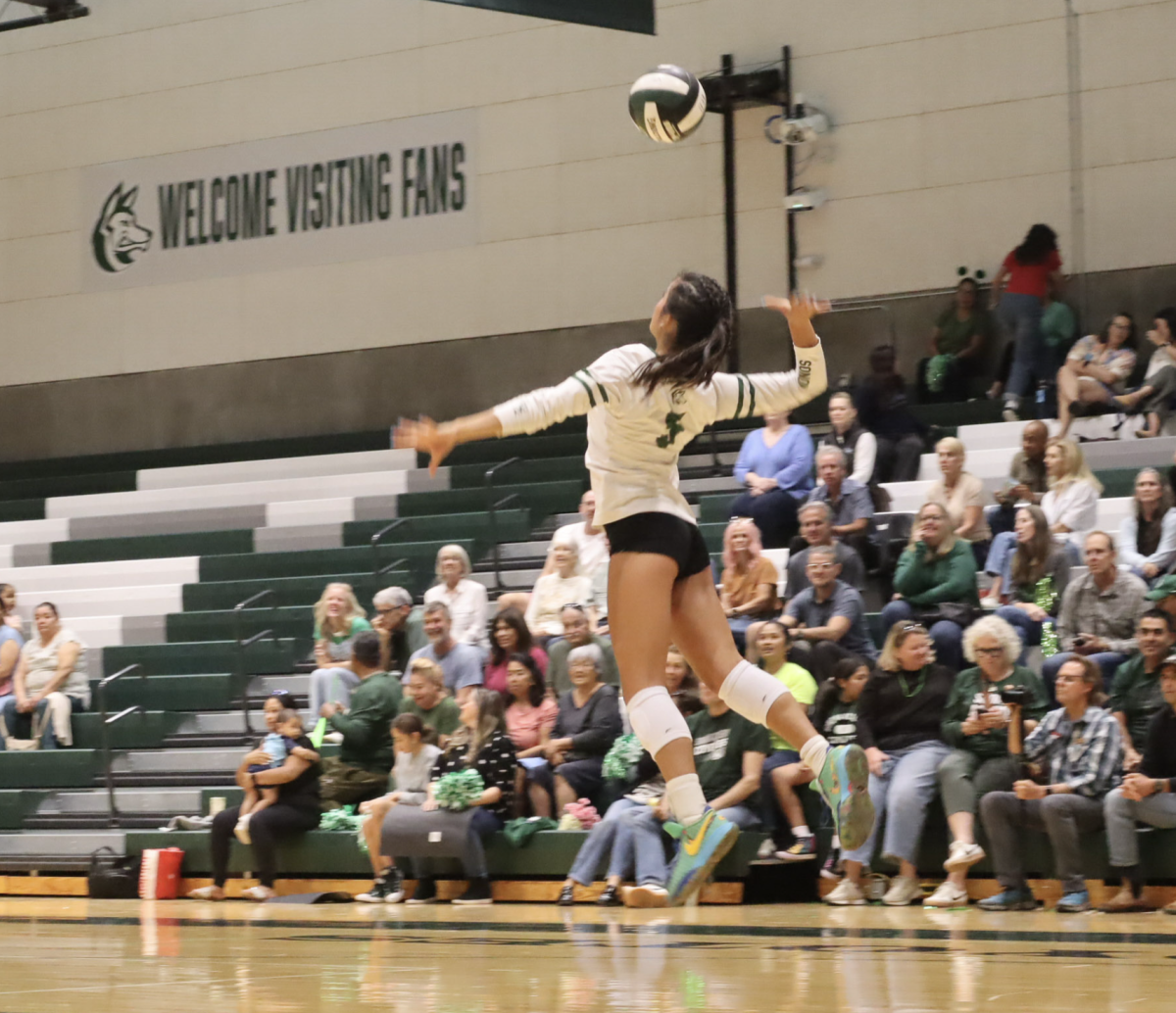 Alexa Torres ('27) hitting the ball at the Varsity Volleyball game versus Calistoga